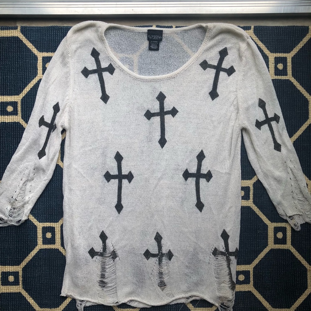 Sheer long sleeve cross shirt